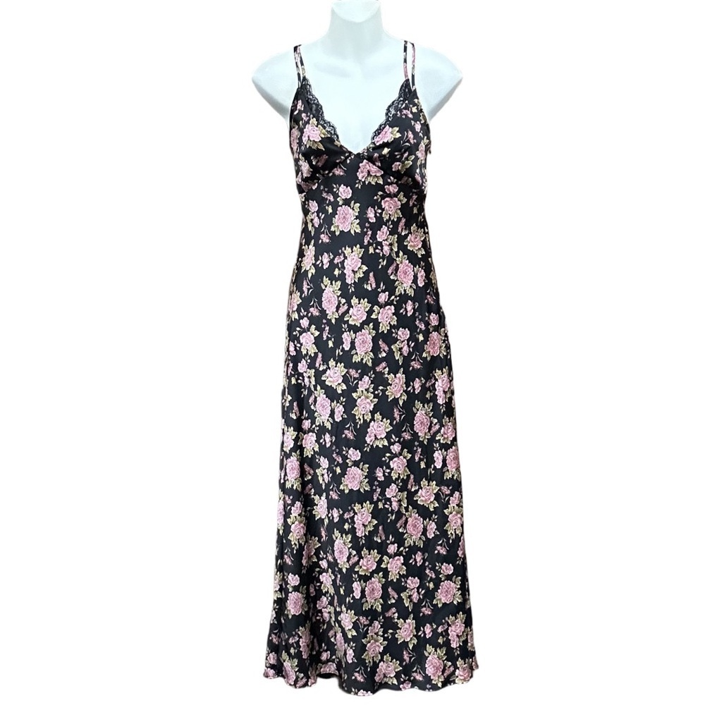 Zara slip dress black floral satin maxi midi Small lace bias cut